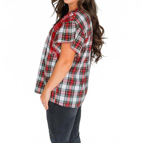 NEW LAYERZ CLOTHING noel patterned top in red multi - Picture 2 of 3